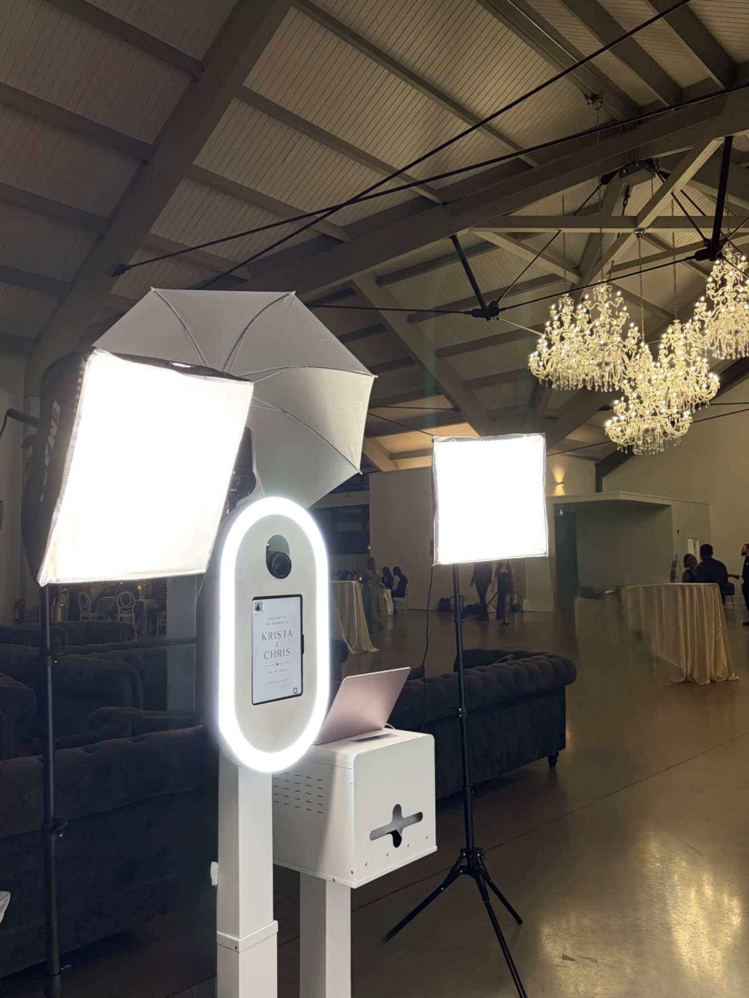 Party Pixel photo booth and professional lighting at a wedding venue